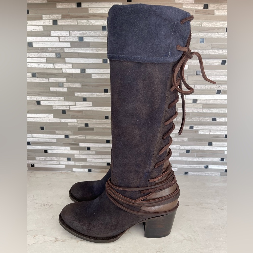 FREEBIRD by STEVEN Knee-High Distressed Blue & Brown Suede Boots, Size 8 EUC